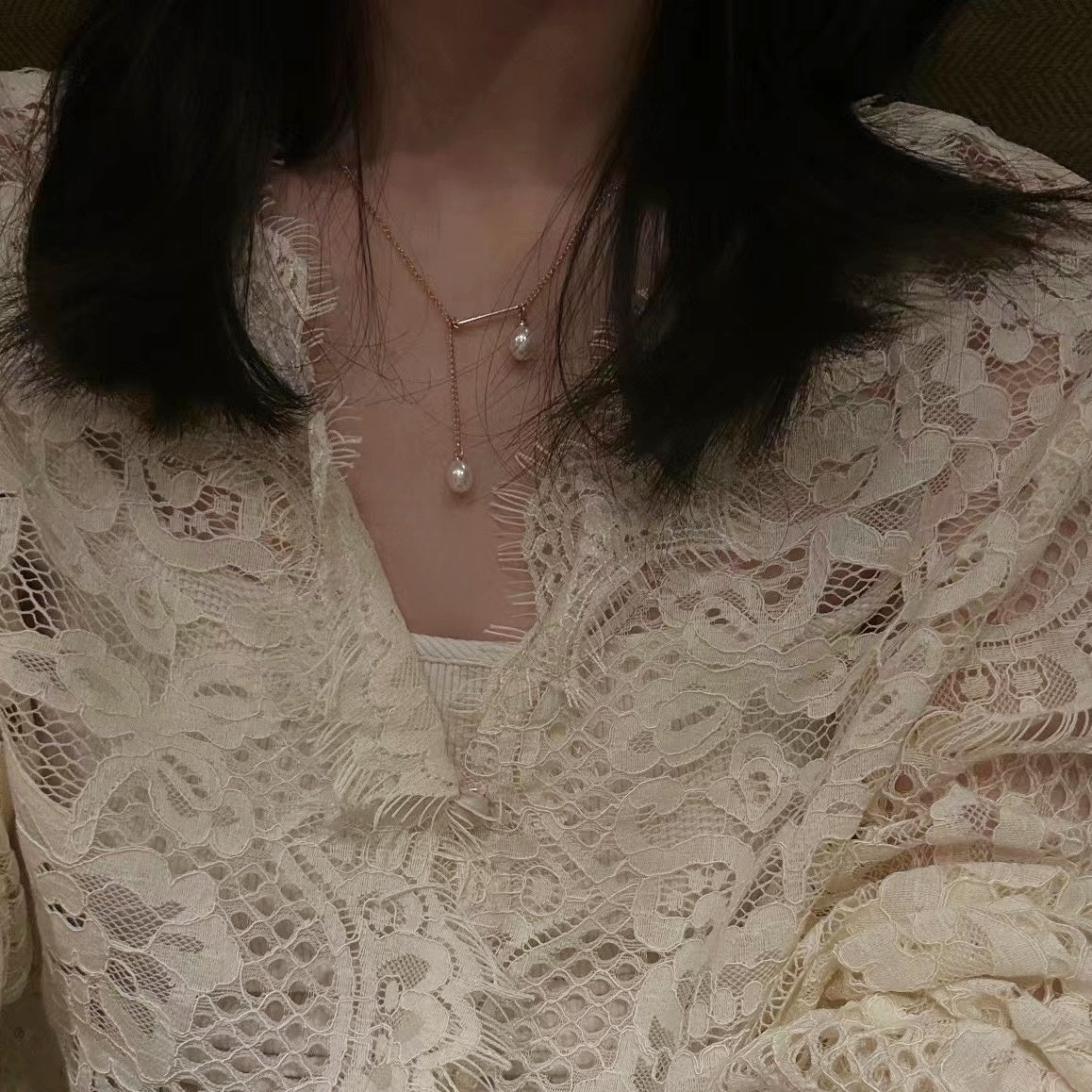 「 Eternal Stare 」Asymmetrical Double Pearl Dangle Necklace