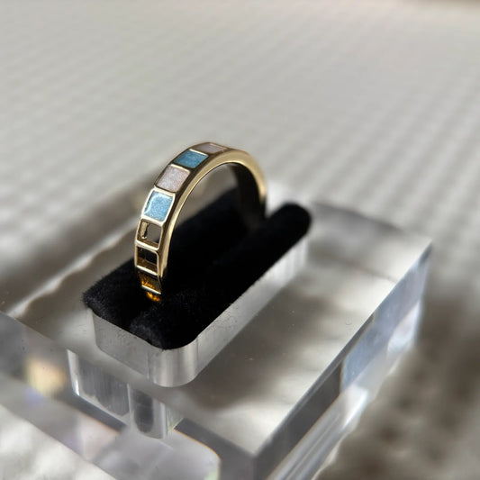 Enamel Drip-Glazed Blue-White Checkered Open Ring