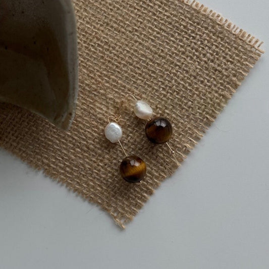 「 Pearl & Tiger’s Eye Stone 」 Earrings