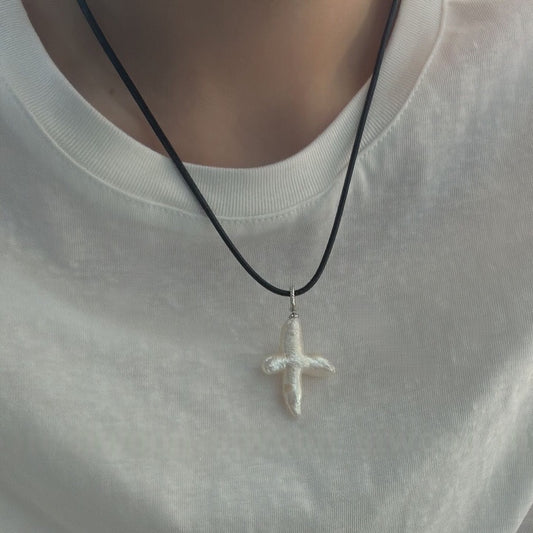 Cross Baroque Pearl Pendant Leather Cord Necklace