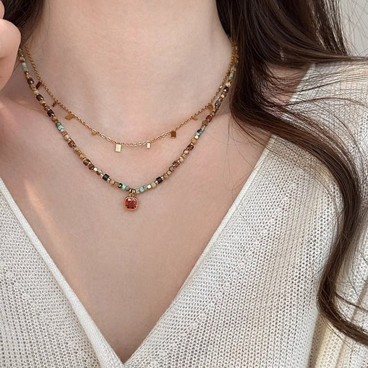 Natural Stone + Small Square Stackable Necklace