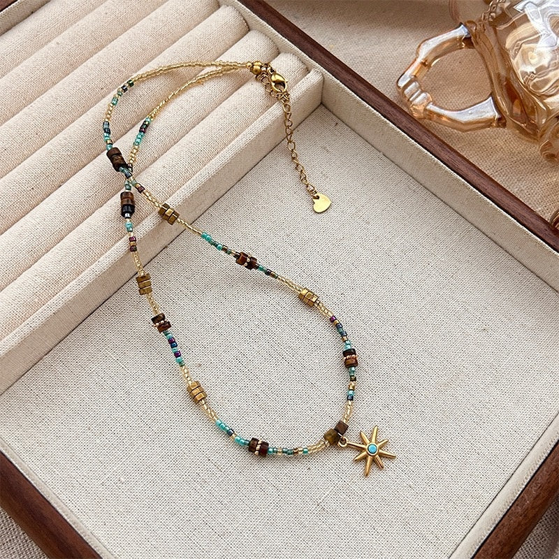 Titanium Steel Eight-Pointed Star Natural Stone Beaded Necklace