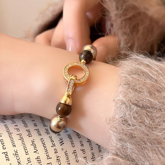 Tiger's Eye Stone & Imitation Pearl Round Ring Clasp Bracelet