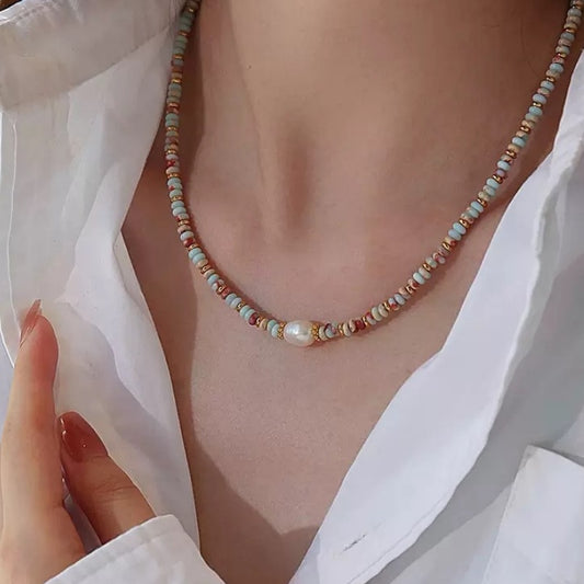 Dopamine Freshwater Pearl & Shoushan Stone Necklace