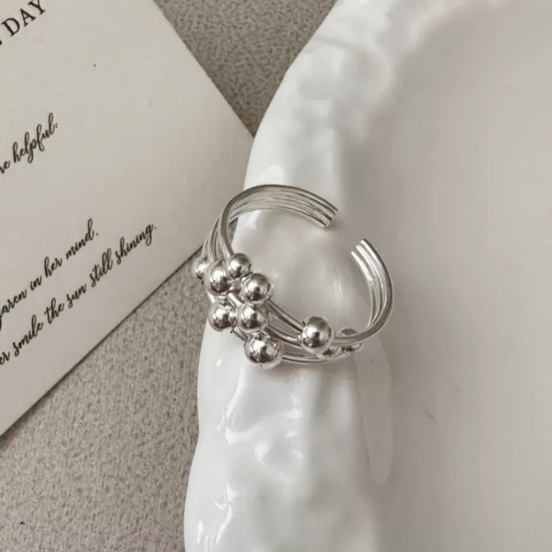 S925 Sterling Silver Multi-Layer Beaded Line Open Ring