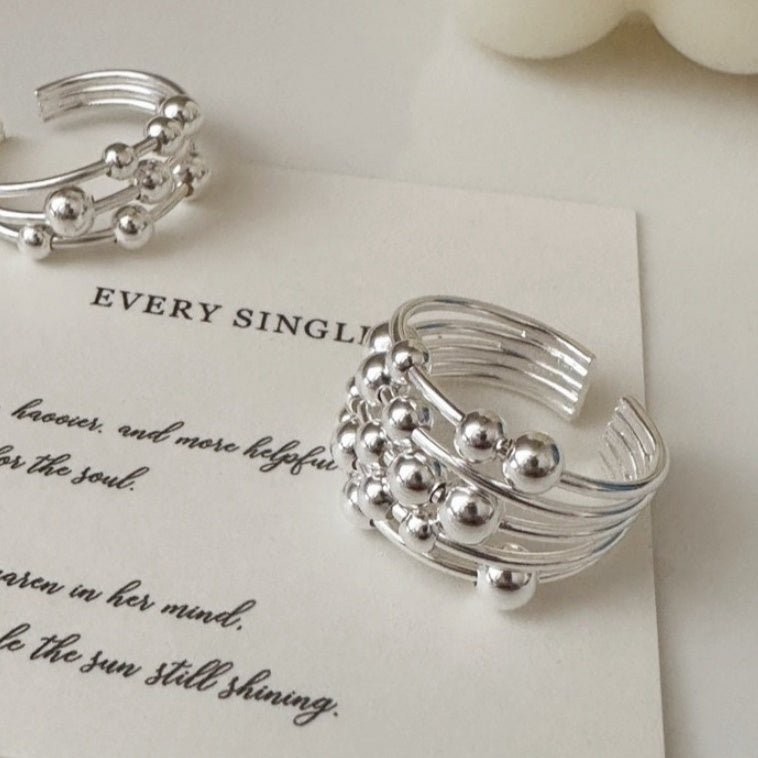 S925 Sterling Silver Multi-Layer Beaded Line Open Ring