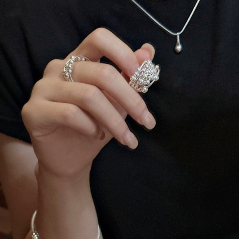 S925 Sterling Silver Multi-Layer Beaded Line Open Ring