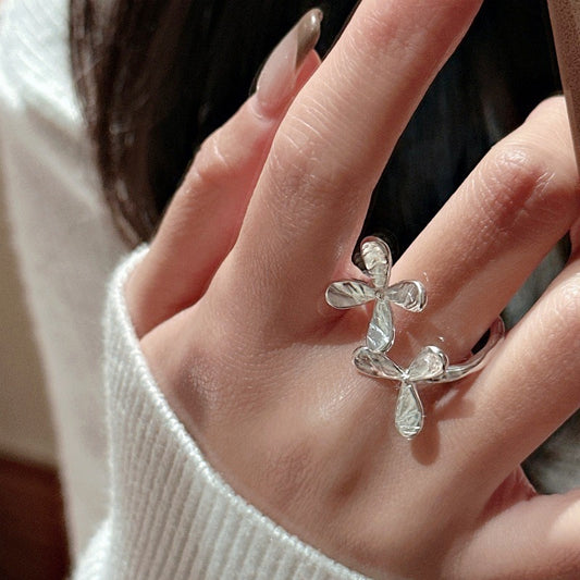 S925 Sterling Silver Two Little Flowers Open Ring