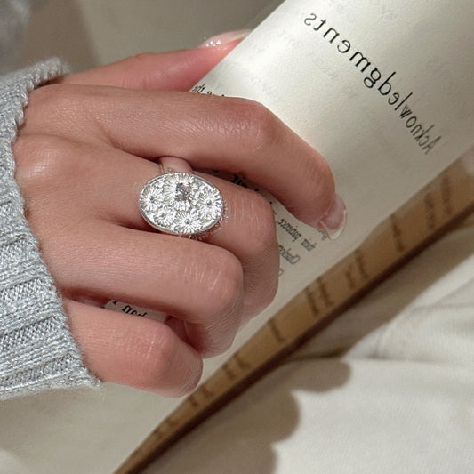 S925 Sterling Silver Daisy with Cubic Zirconia Open Ring