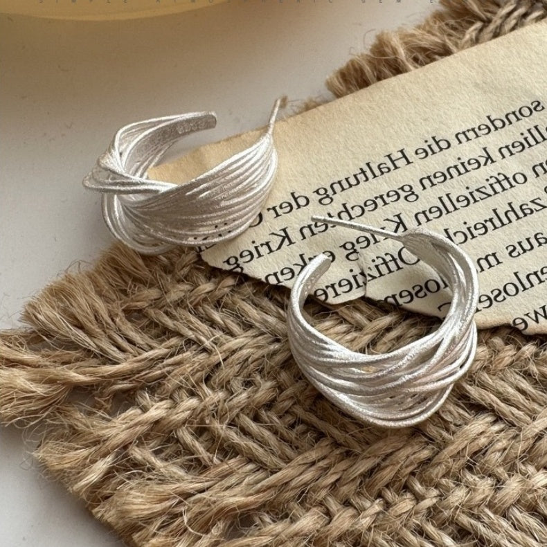 S925 Sterling Silver Asymmetrical Interwoven Line Earrings