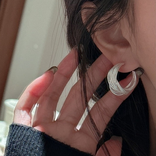 S925 Sterling Silver Asymmetrical Interwoven Line Earrings