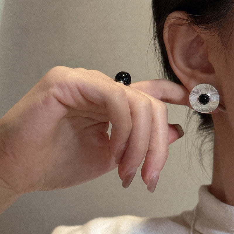 S925 Sterling Silver Black Onyx Earrings with Circular Patterns