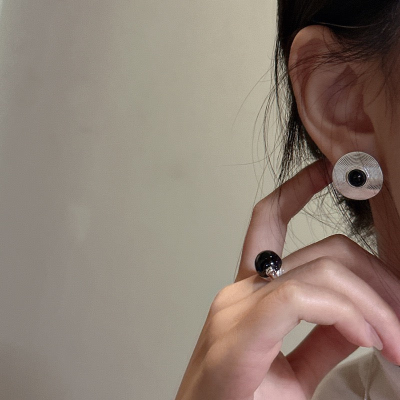 S925 Sterling Silver Black Onyx Earrings with Circular Patterns