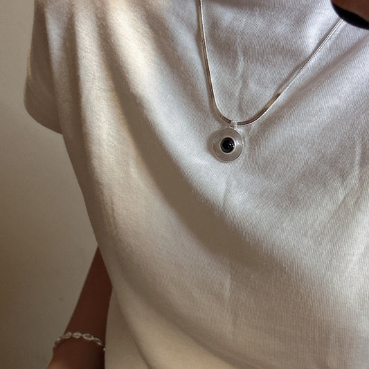 S925 Sterling Silver Black Onyx Hoop Pendant Necklace