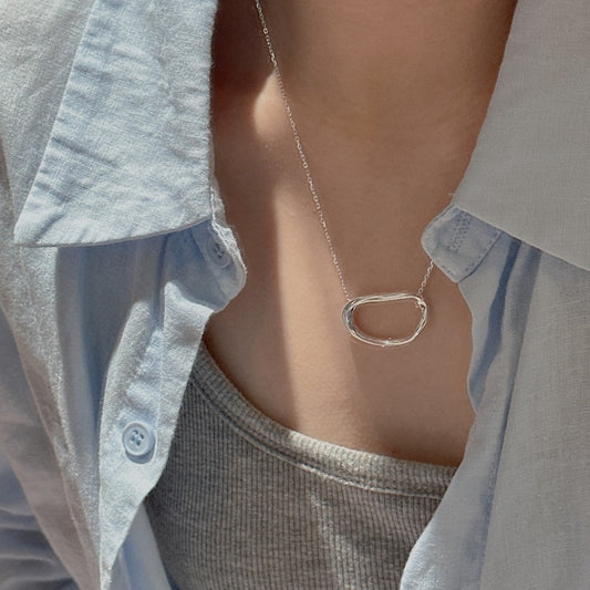 S925 Sterling Silver Irregular Oval Pendant Necklace