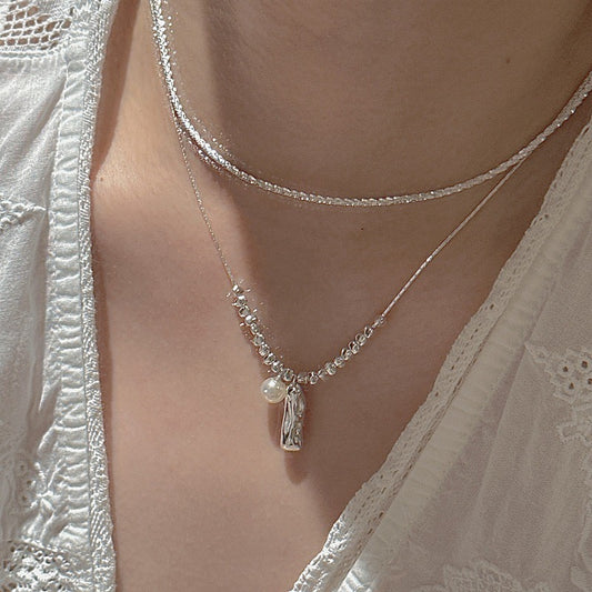 S925 Sterling Silver Small Silver Bar + Pearl Pendant Necklace