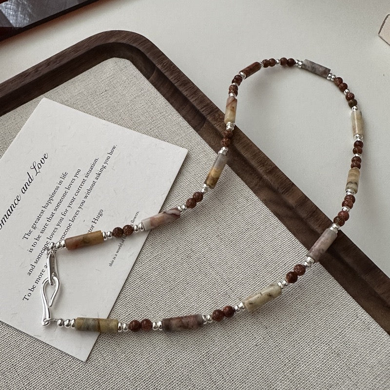 S925 Sterling Silver Maillard-Style Natural Stone Beaded Necklace