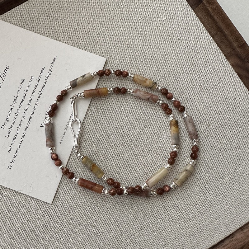 S925 Sterling Silver Maillard-Style Natural Stone Beaded Necklace