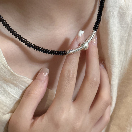 S925 Sterling Silver Black Onyx Round Bead String Necklace