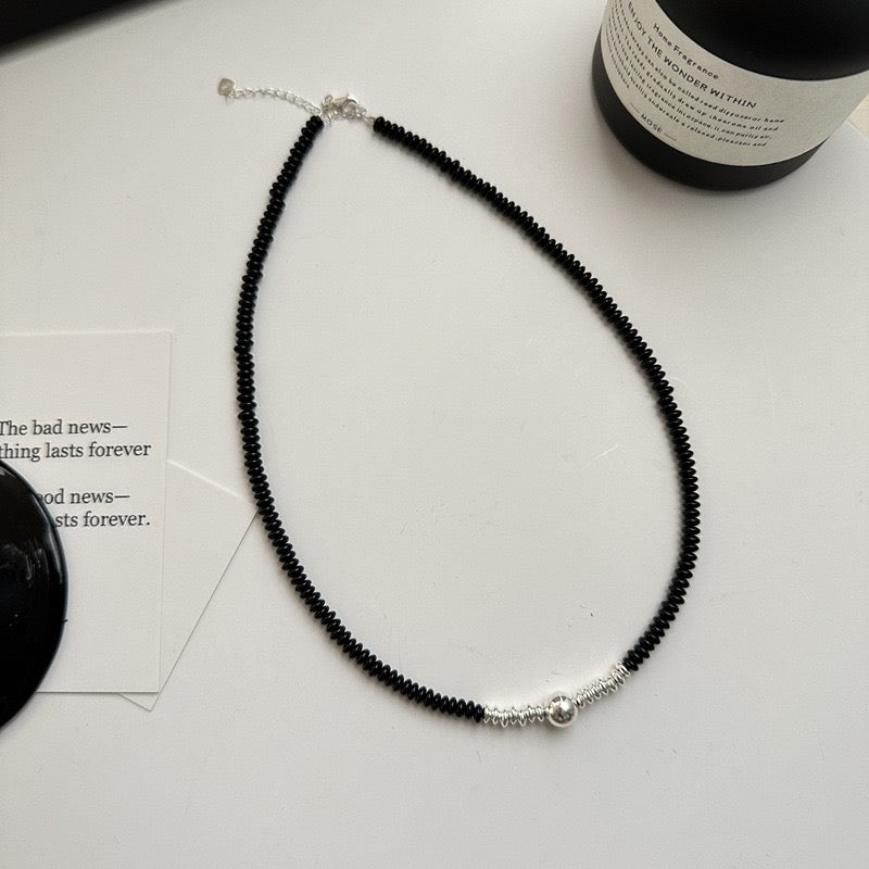 S925 Sterling Silver Black Onyx Round Bead String Necklace