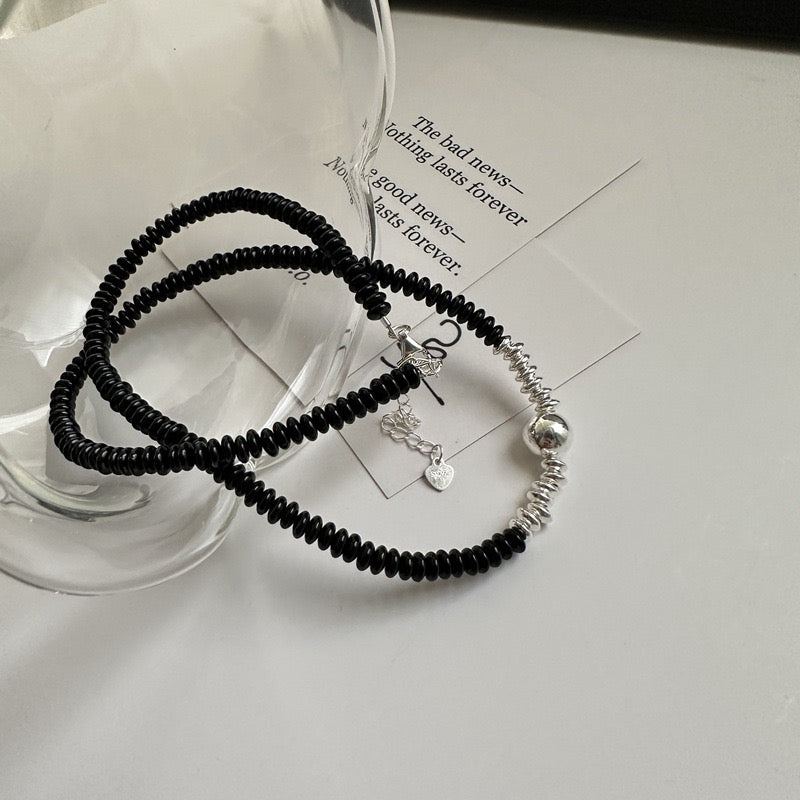 S925 Sterling Silver Black Onyx Round Bead String Necklace