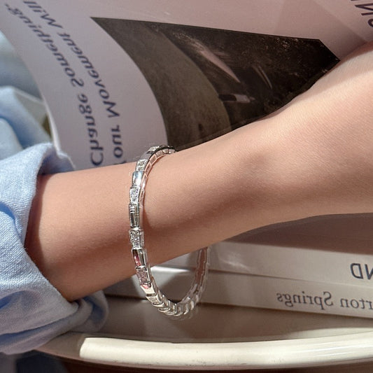 S925 Sterling Silver Bamboo-Joint Patchwork Zircon-Inlaid Bangle