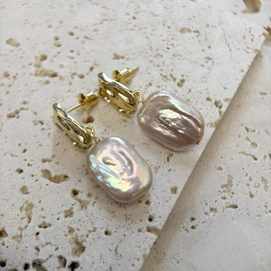 Natural Square-Shaped Pinkish-Purple Baroque Pearl Earrings