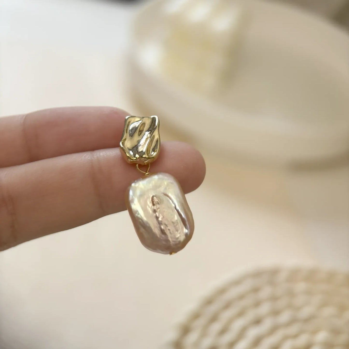 Natural Square-Shaped Pinkish-Purple Baroque Pearl Earrings