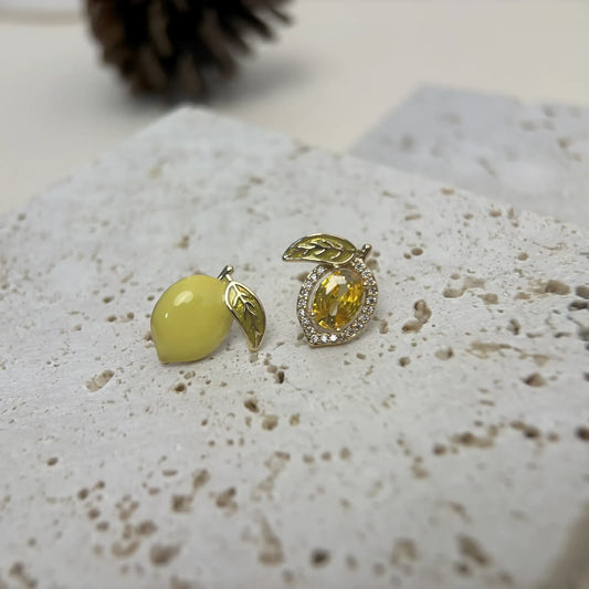 Enamel Dripped Oil Asymmetric Zircon Lemon Earrings