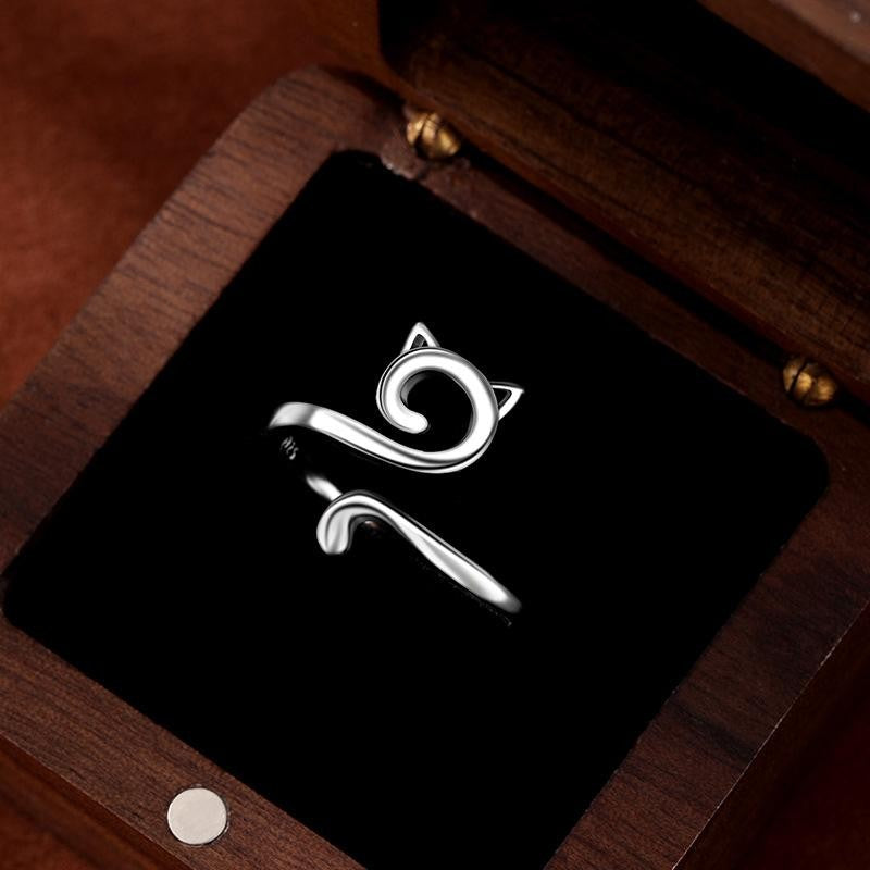 S925 Sterling Silver Open Ring with Cat Design