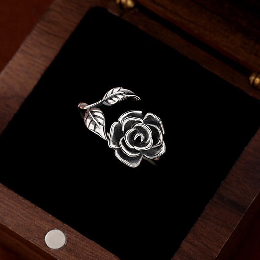 925 Silver Open Ring with Rose Flower Design