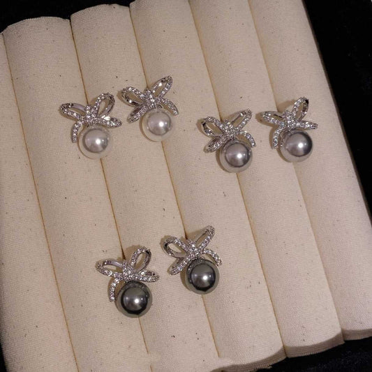 ZIRCON-SET BOW PEARL EARRINGS