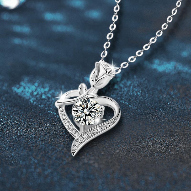 S925 Sterling Silver Necklace with 1-Carat Moissanite Rose Heart Pendant