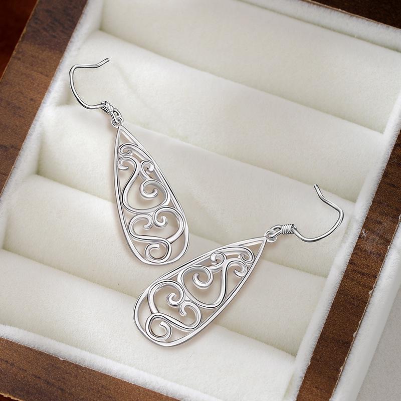 S925 Sterling Silver Hollow-Out Waterdrop Carved Earrings