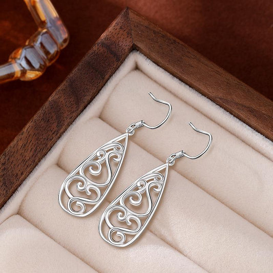 S925 Sterling Silver Hollow-Out Waterdrop Carved Earrings