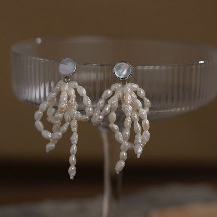 PEARL BOW DROP TASSEL EARRINGS