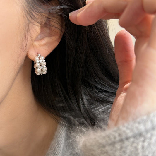 ZIRCON-SPACED DOUBLE LAYER PEARL EARRINGS