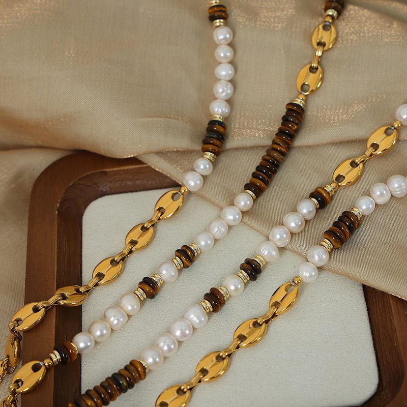 TIGER'S EYE PEARL BEADED NECKLACE & BRACELET SET