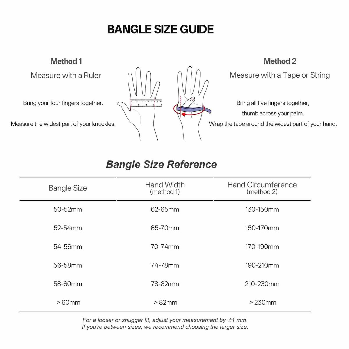Bangle measurement guide with size chart