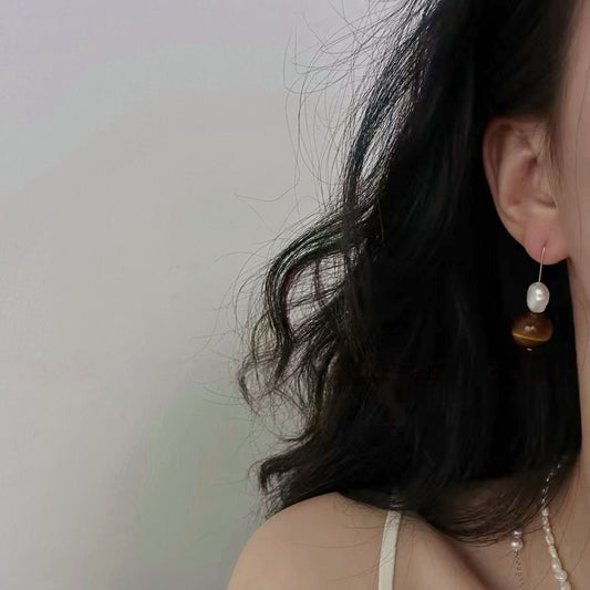 「 Pearl & Tiger’s Eye Stone 」 Earrings