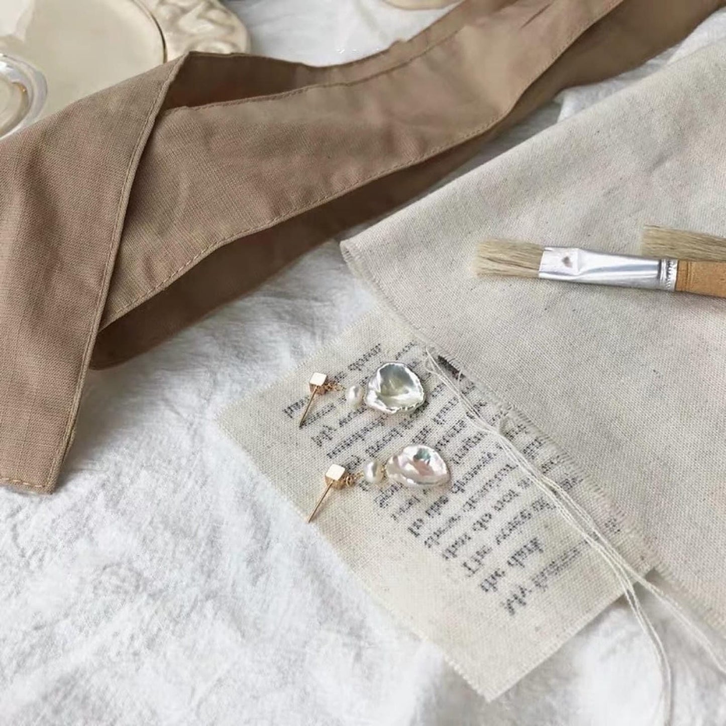 Small Square Crushed Silver + Baroque Pearl Earrings