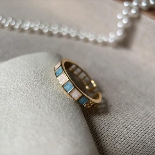 Enamel Drip-Glazed Blue-White Checkered Open Ring