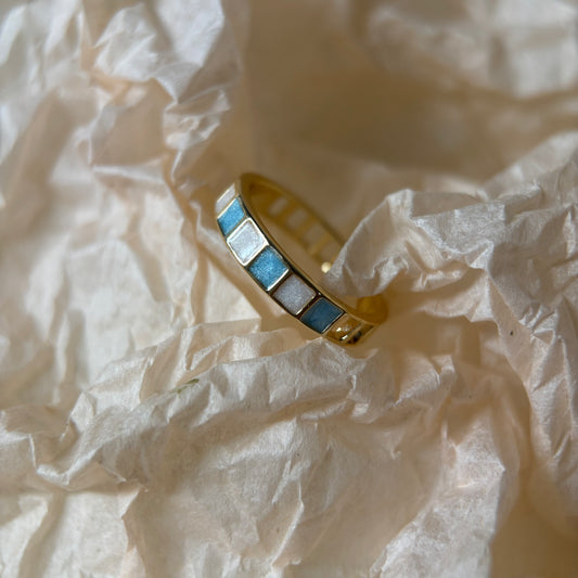Enamel Drip-Glazed Blue-White Checkered Open Ring