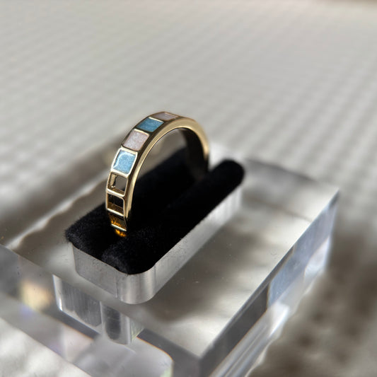 Enamel Drip-Glazed Blue-White Checkered Open Ring