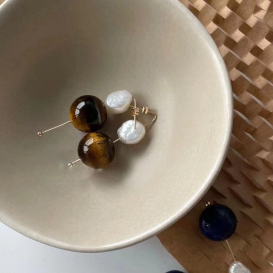 「 Pearl & Tiger’s Eye Stone 」 Earrings
