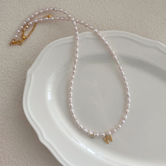 W-Letter Sterling Silver Gold-Plated Pendant Pearl Necklace