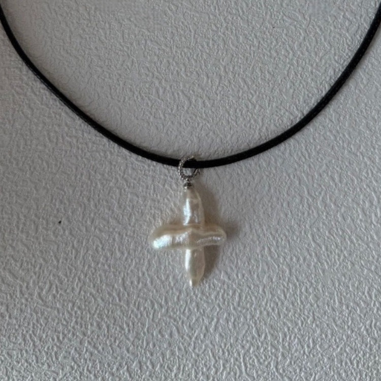 Cross Baroque Pearl Pendant Leather Cord Necklace