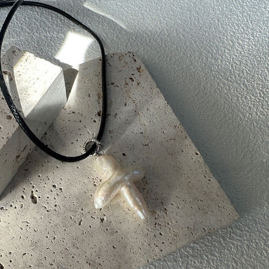 Cross Baroque Pearl Pendant Leather Cord Necklace