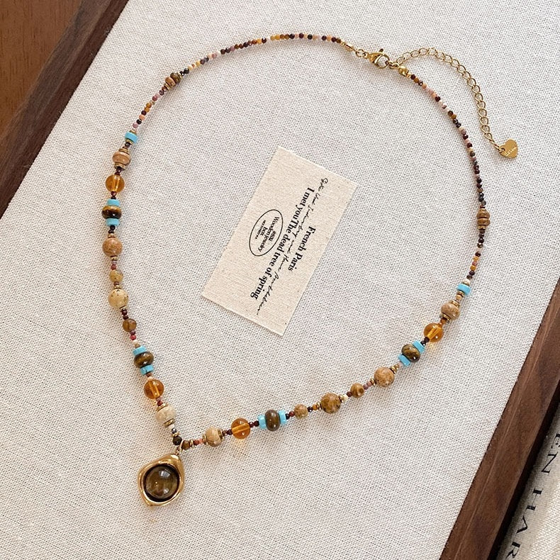 Tiger's Eye Pendant Necklace with Natural Stone Beads