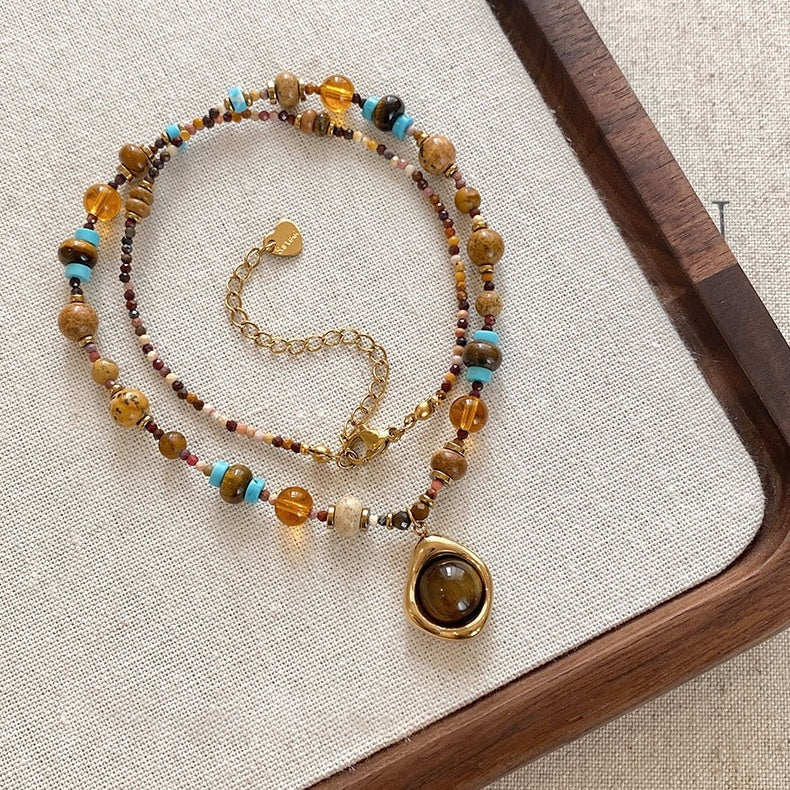 Tiger's Eye Pendant Necklace with Natural Stone Beads